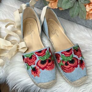 Jessica Simpson Women's Fippo Denim Floral Embroidered Lace Up Flats Size 10